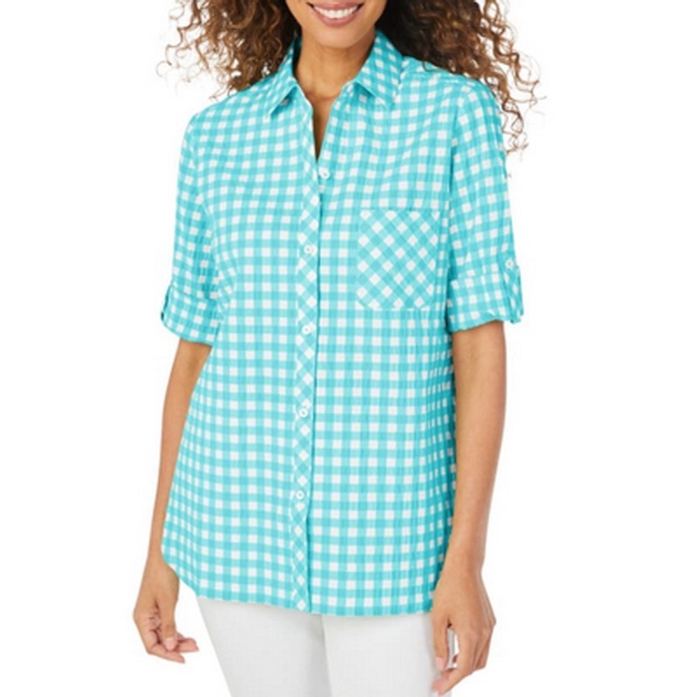 Foxcroft NYC Teal Gingham Crinkle Seersucker Shaped Button Down Shirt Womens 12